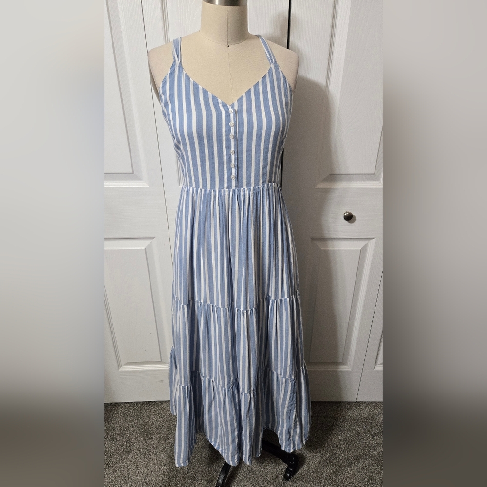 Blue & White Striped Maxi Sun Dress, Small, Criss Cross Adjustable Straps, EUC - Picture 14 of 16